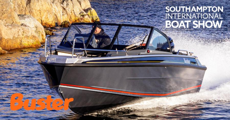 Buster XXL VMAX coming towards the camera with Buster and Southampton Boat Show logos